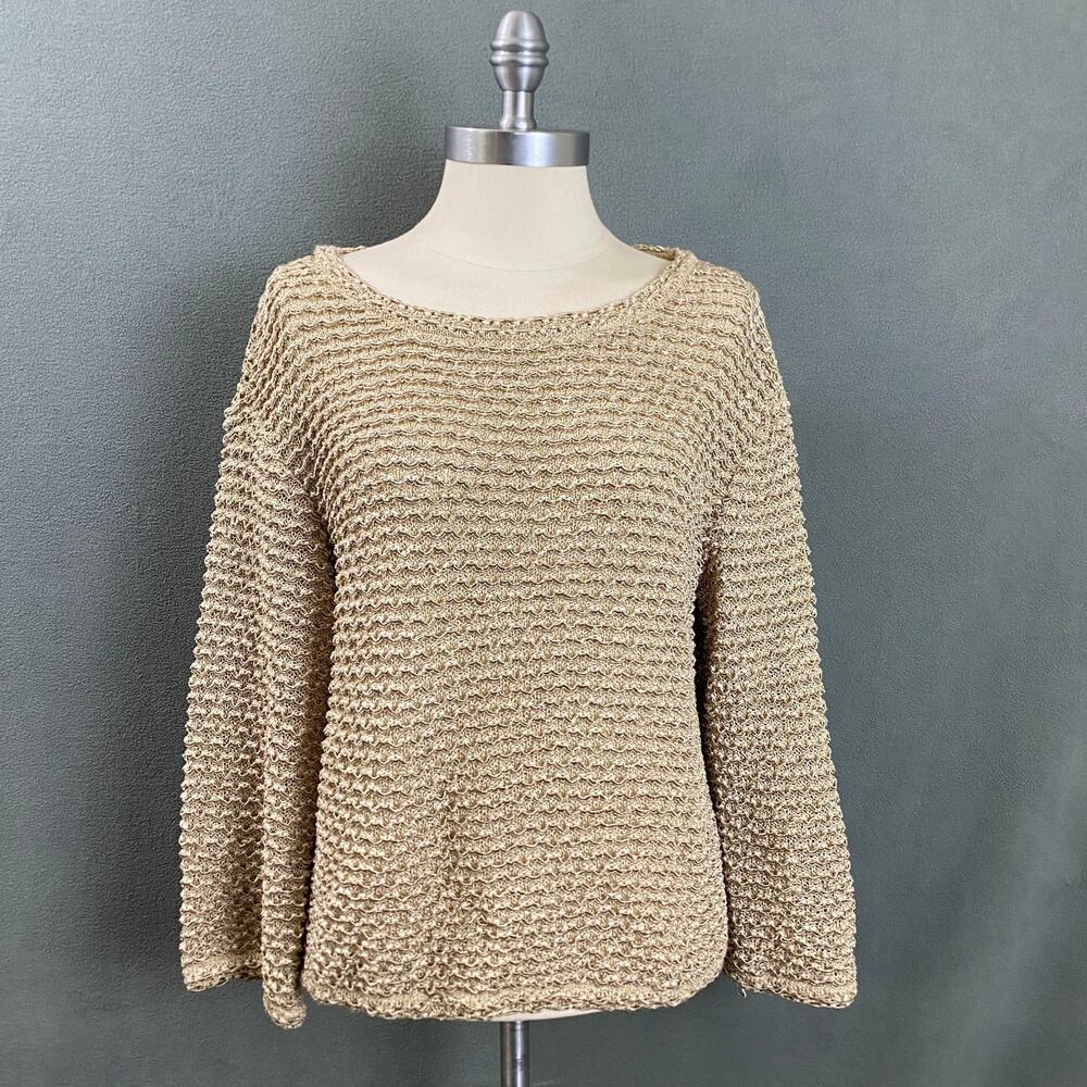 ST. JOHN Crewneck Sweater Couture Knit Beige Vintage Gold Sz M Designer Luxury